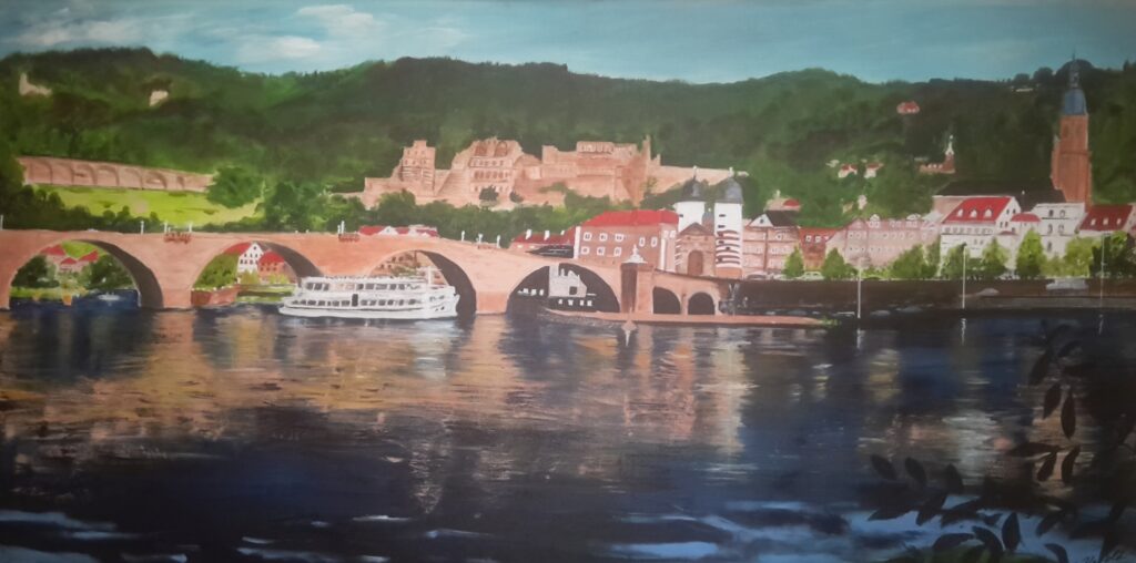 Die "Alte Brücke" in Heidelberg mit dem Heidelberger Schloss im Hintergrund. Bild auf Leinwand in Acrylfarben